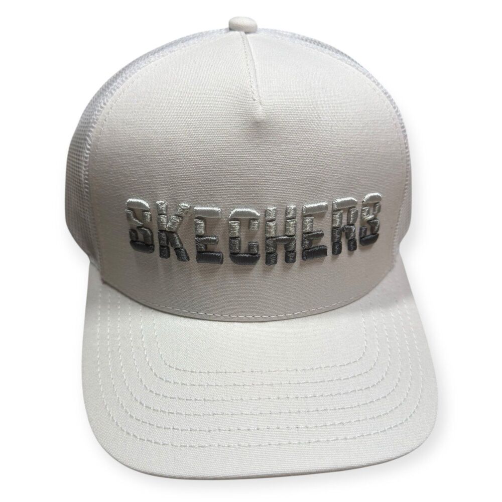 Skechers Logo White Snapback Hat Mesh Back Adjustable Logo Cap OSFM